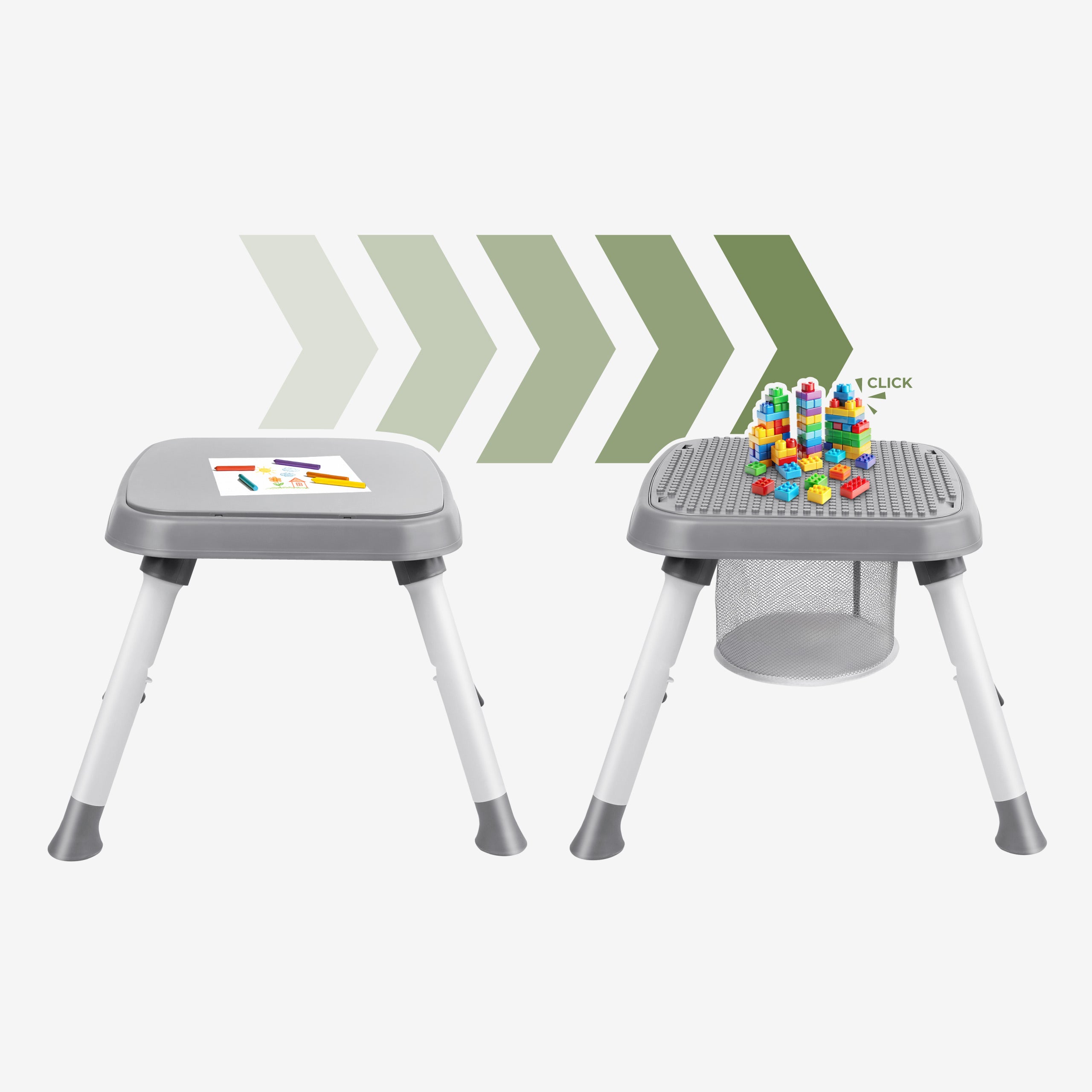 Zweiseitiger Tisch mit Spielzeugkorb