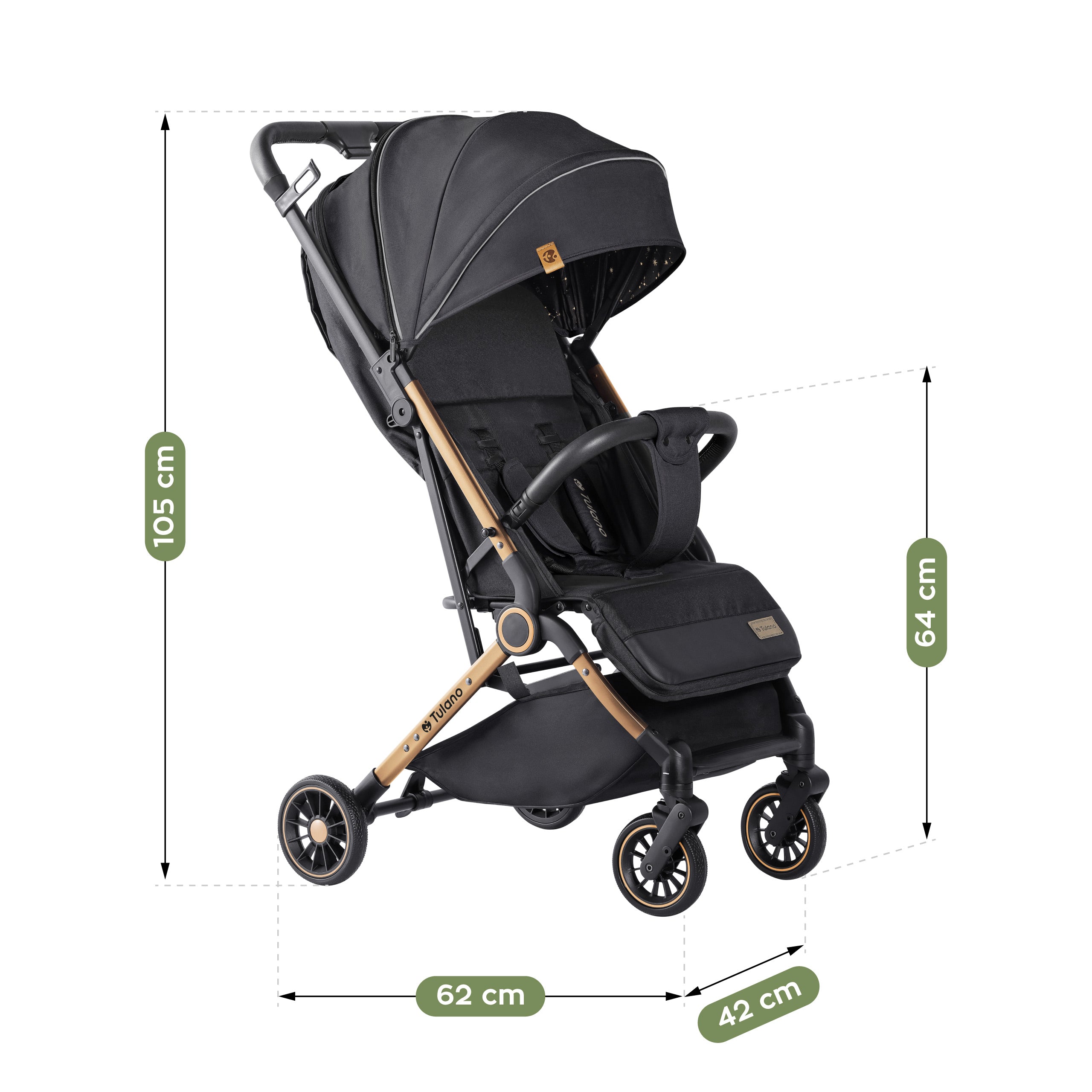 Tulano Milan Gold-Schwarz Faltbarer Kinderwagen, 22 kg 